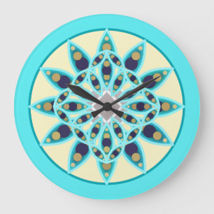 Reloj Redondo Grande patrón de mandala en turquesa, crema y azul marino