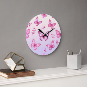 Reloj Redondo Grande Patrón de mariposas y flores rosadas