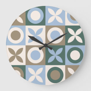 Reloj Redondo Grande Patrón de mosaico de baldosas geométricas azules y