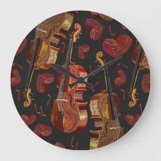 Reloj Redondo Grande Patrón de música violín del corazón rojo