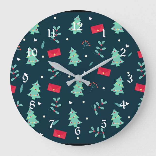 Reloj Redondo Grande patrón de navidades, árboles y hueso, (Anverso)