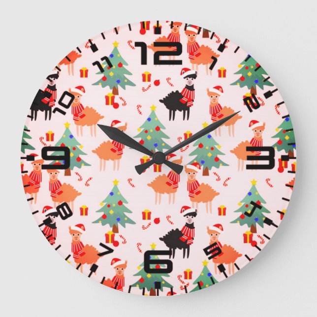 Reloj Redondo Grande Patrón De Navidades Llamas Y Alpaca (Anverso)