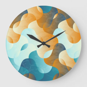Reloj Redondo Grande Patrón de ondas de cosecha, azul y marrón.