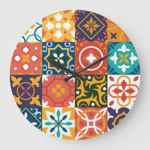 Reloj Redondo Grande Patrón de Ornato de Baldosas Vintage Geométricas