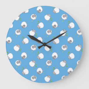 Reloj Redondo Grande Patrón de ovejas galesas divertidas en fondo azul