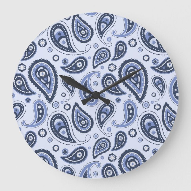 Reloj Redondo Grande Patrón de Paisley Azul (Anverso)
