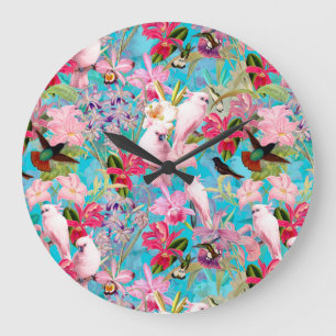 Reloj Redondo Grande Patrón De Pájaro Tropical Rosa Y Flor Orquídea