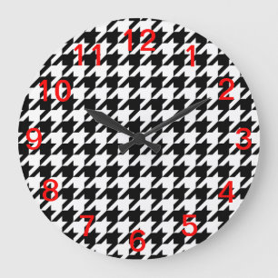 Reloj Redondo Grande Patrón de Pata de Perdiz Negro y Blanco