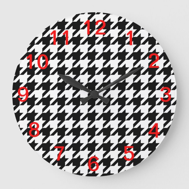Reloj Redondo Grande Patrón de Pata de Perdiz Negro y Blanco (Anverso)