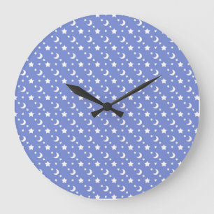 Reloj Redondo Grande Patrón de Pequeñas Estrellas y Lunas sobre Azul