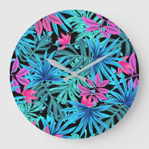Reloj Redondo Grande Patrón de planta tropical rosa neón y azul