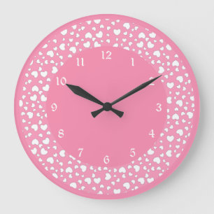 Reloj Redondo Grande Patrón de punto de polka del corazón rosado Pastel