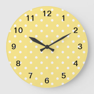 Reloj Redondo Grande Patrón de puntos de polka amarillos y blancos.