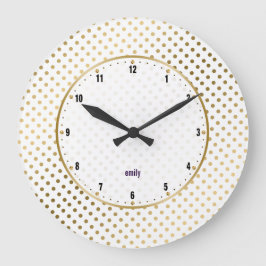 Reloj Redondo Grande Patrón de puntos de polka blanco y dorado