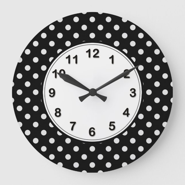 Reloj Redondo Grande Patrón de puntos de polka blanco y negro (Anverso)