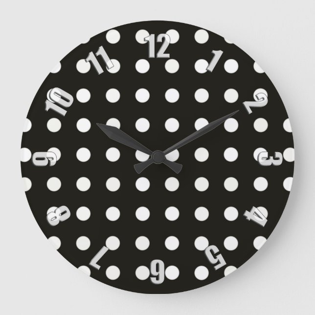 Reloj Redondo Grande Patrón de puntos de polka blanco y negro (Anverso)