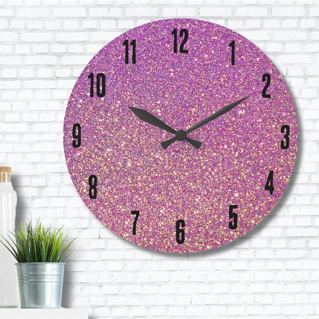 Reloj Redondo Grande Patrón de Purpurina rosado Giro (Trendy Girly Gradient Ombre Purple Pink Glitter Large Clock)