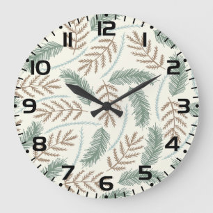 Reloj Redondo Grande Patrón de ramas de pino y cedro de hoja perenne