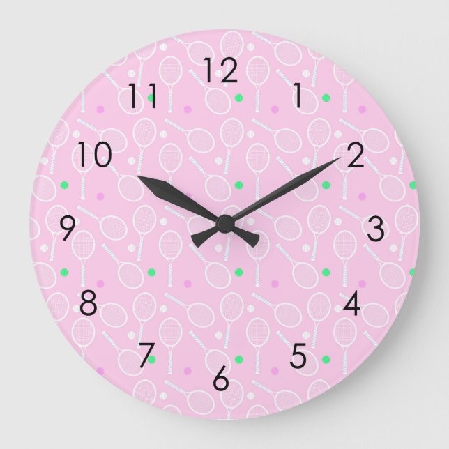 Reloj Redondo Grande Patrón de raqueta de tenis Pink (Anverso)