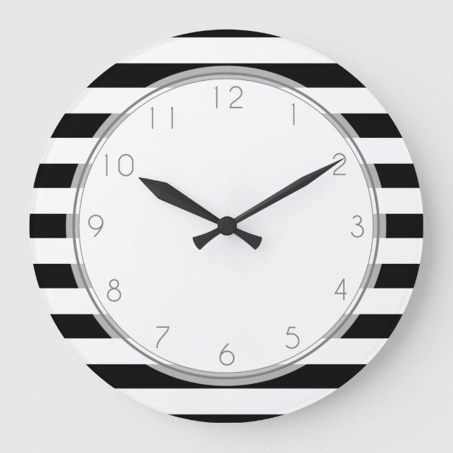 Reloj Redondo Grande Patrón de rayas blancas y negras (Anverso)