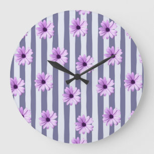 Reloj Redondo Grande patrón de rayas con margaritas moradas