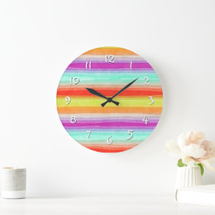 Reloj Redondo Grande Patrón de rayas de acuarela de verano colorido