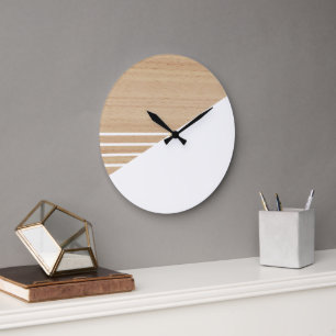 Reloj Redondo Grande Patrón de rayas de bloque contemporáneo en madera