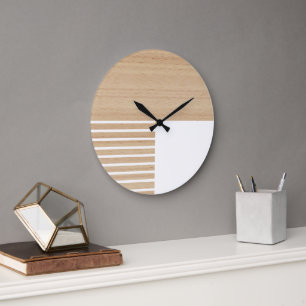 Reloj Redondo Grande Patrón de rayas de bloque contemporáneo en madera