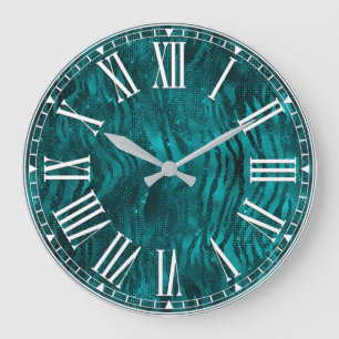 Reloj Redondo Grande Patrón de rayas de tigre con brillo glam ombre azu