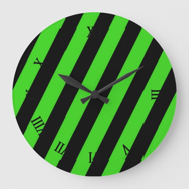 Reloj Redondo Grande Patrón de rayas diagonales verdes y negros (Anverso)