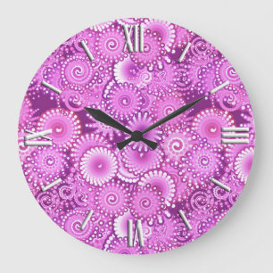 Reloj Redondo Grande Patrón de remolino fractal, tonos de ciruela y vio