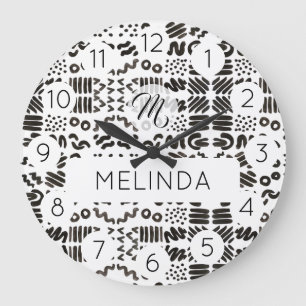 Reloj Redondo Grande Patrón de Símbolos Negros Sala Moderna