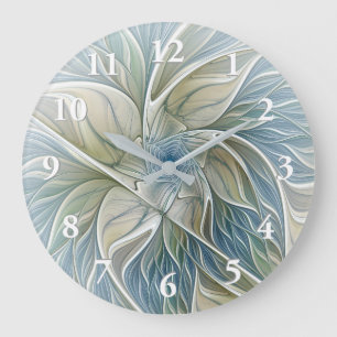 Reloj Redondo Grande Patrón de sueño floral abstracto azul caqui fracta