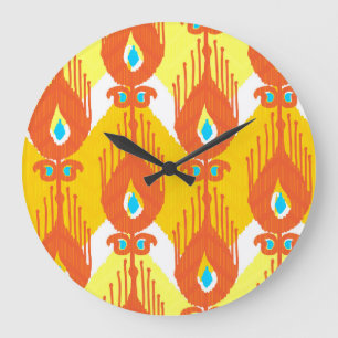 Reloj Redondo Grande Patrón de tela de Ikat: Diseño de cosecha étnica.