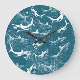 Reloj Redondo Grande Patrón de tiburón azul desgastado