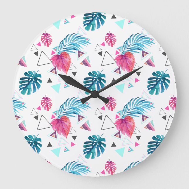 Reloj Redondo Grande Patrón de triángulo de hoja tropical (Anverso)