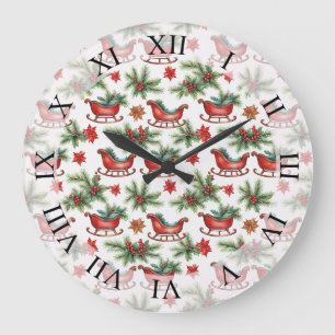 Reloj Redondo Grande Patrón de trineo de Navidad vintage en acuarela
