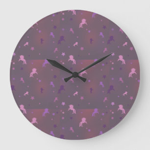 Reloj Redondo Grande patrón de unicornio rosa y púrpura y estrellas