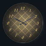 Reloj Redondo Grande Patrón de ventilador Art Deco<br><div class="desc">Patrón Art Decó con números dorados.</div>