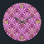 Reloj Redondo Grande Patrón de ventilador Art Deco - orquídea y púrpura<br><div class="desc">Reproducción digital de un patrón clásico de ventilador de papel pintado Art Deco - rosa orquídea pálido sobre púrpura profundo / berenjena,  adornado con oro</div>