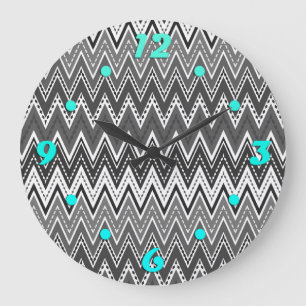 Reloj Redondo Grande Patrón de zigzag geométrico en blanco y negro