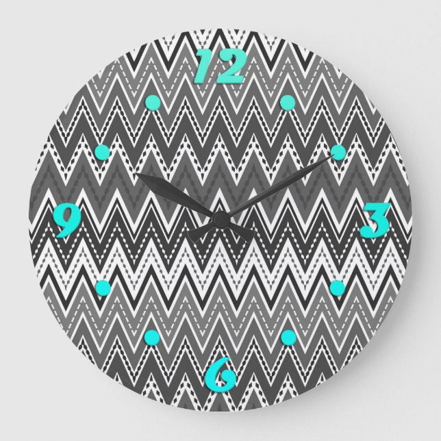 Reloj Redondo Grande Patrón de zigzag geométrico en blanco y negro (Anverso)