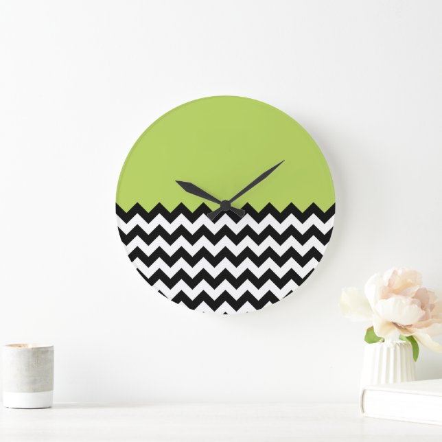 Reloj Redondo Grande Patrón de zigzag negro y blanco, chevron, verde (Hogar)