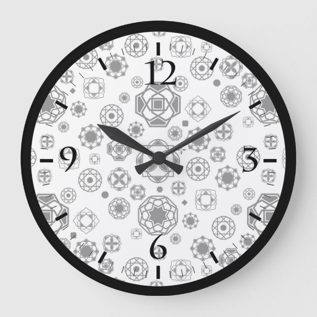 Reloj Redondo Grande Patrón decorativo arabesco blanco y blanco (Anverso)