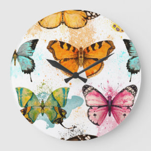 Reloj Redondo Grande Patrón delgado sin foco de mariposa acuarela