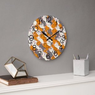 Reloj Redondo Grande Patrón diagonal del gato negro jengibre