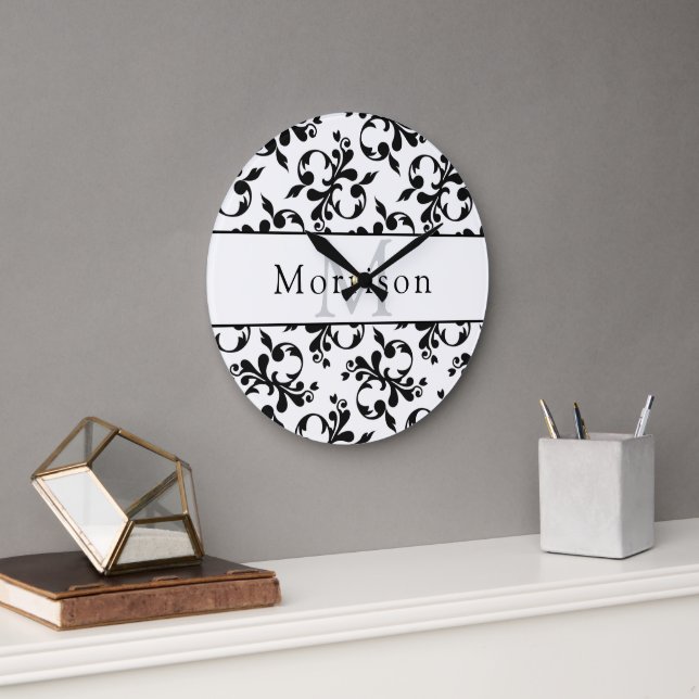 Reloj Redondo Grande Patrón elegante de damasco francés blanco y negro (Oficina)