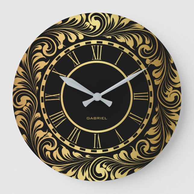 Reloj Redondo Grande Patrón Elegante De Hojas Florales Negra Y Oro (Anverso)