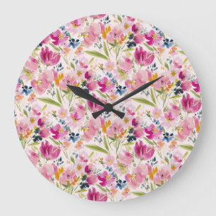Reloj Redondo Grande Patrón floral acuarela rosa shabby chic