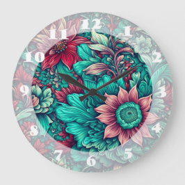 Reloj Redondo Grande Patrón floral, acuático, Verde azulado, turquesa y